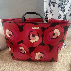 KATE SPADE Black Red Floral Print Leather Hyde Lane Riley Tote Bag